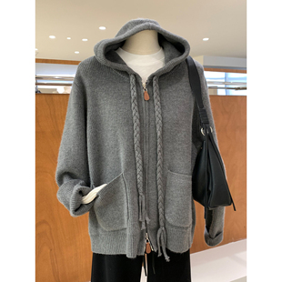 慵懒百搭简约风双拉链麻花抽绳连帽毛衣开衫韩版休闲显瘦针织帽衫
