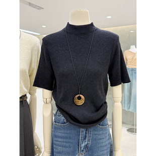 女2025新款 针织衫 百搭上衣配挂件 极简风纯色半高领中袖 气质拉满