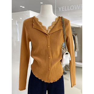 茶里茶气漂亮纯欲风蕾丝拼接小翻领针织衫新款小众百搭女人衫上衣