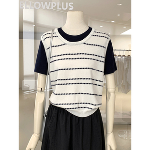 韩系博主私藏款！撞色假两件短袖针织衫2026新款舒适亲肤百搭上衣