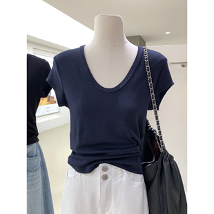 修身 T恤2026新款 显瘦百搭上衣 极简纯色气质大U领小飞袖 王炸爆款