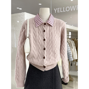 复古学院风假两件Polo领毛衣针织开衫秋冬软糯厚实麻花肌理感上衣