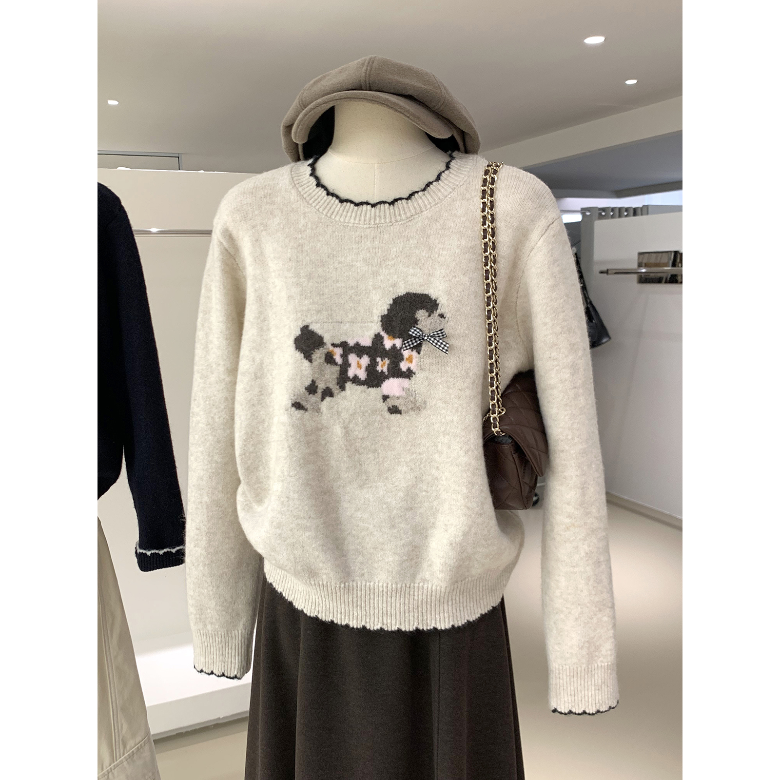 文艺甜美风小狗提花花边圆领毛衣针织衫秋冬新款蓬松保暖套头上衣