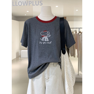 正肩显瘦百搭T恤 新品 呆萌减龄小象刺绣撞色圆领短袖 上衣2026春季