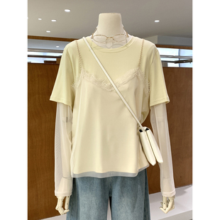 独特漂亮上衣 新款 温柔风蕾丝花边网纱拼接假两件长袖 T恤2026春季