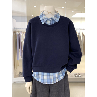 知识份子感Polo领格子撞色假两件套头卫衣2026早春新款层次感上衣