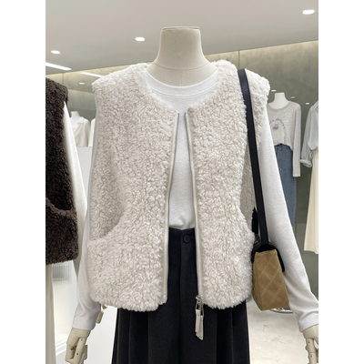 皮毛一体羊羔毛无袖马甲开衫外套
