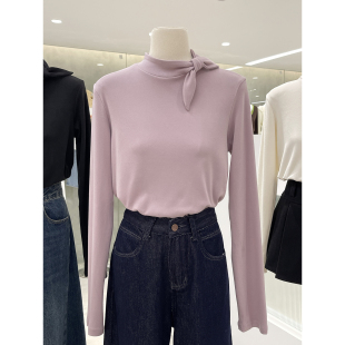 上衣 别致减龄秋冬打底衫 甜美气质领结设计感磨毛长袖 T恤2025新款