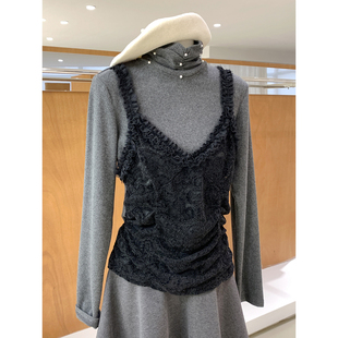 精致大小姐钉珠半高领假两件设计长袖小衫柔软磨毛面料女人衫上衣