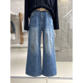 子配腰带 时髦磨破设计感裤 美式 高街风水洗做旧泼墨宽松直筒牛仔裤