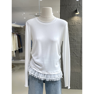 甜美俏皮芭蕾风花边拼接修身款正肩长袖T恤上衣春季新款洋气小衫