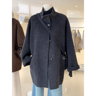 呢子外套冬季 中长款 氛围感穿搭配包包 立领插肩袖 气质挂羊毛大衣