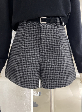 清仓捡漏不TUI不换！千鸟格A字毛呢短裤气质显瘦靴裤女配腰带Q261