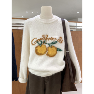 冬雪甜橙提花羊驼毛针织衫2025韩系氛围感穿搭元气减龄插肩袖毛衣