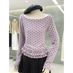 甜美风波点一字领上衣荷叶花边长袖小衫精致减龄毛茸茸手感女人衫