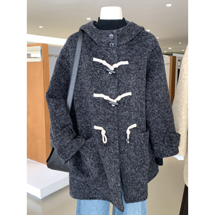 韩系中长款牛角扣双面天丝羊绒连帽大衣冬季新款减龄保暖毛呢外套