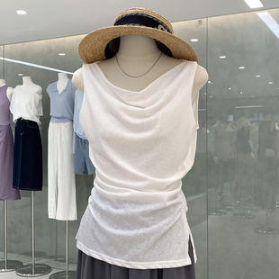 T恤2025夏季 绝美气质荡领纯色无袖 流行单品褶皱收腰显瘦别致上衣