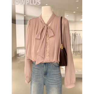 漂亮轻熟风蕾丝花边V领雪纺衬衫2026春款一体飘带设计气质女人衫