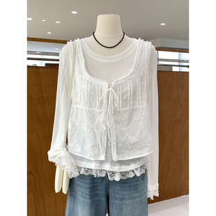 白月光初恋感 轻薄透气打底T恤叠穿两件套上衣 甜美系带马甲开衫