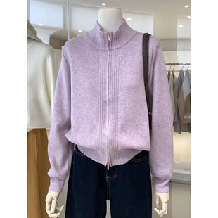 博主穿搭Ju软糯双拉链立领毛衣开衫2025新款简约气质爆款针织衫女