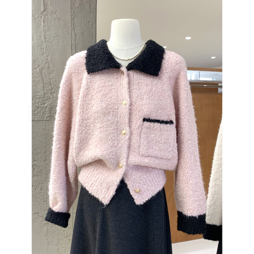 名媛小香风撞色翻领圈圈纱毛衣女