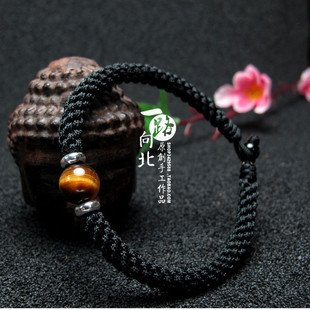 手工定制虎眼石黑曜石925银手绳男女红绳手链黑绳情侣调节固定扣
