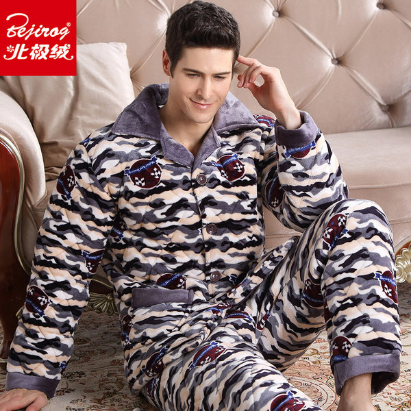 北极绒 三层加厚法兰绒夹棉 男士冬季睡衣套装￥68包邮（￥128-60） 多款可选
