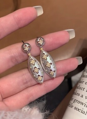 意大利精工布契工艺拉丝叶子四叶草耳钉女镀分色奢华镶钻耳环耳饰