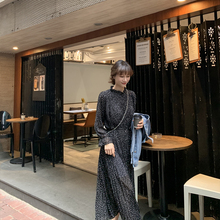 2019新款 显瘦内搭收腰中长款 裙子 EKOOL波点长袖 雪纺连衣裙女春装