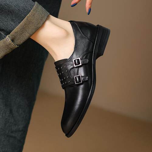 英伦风小皮鞋头层牛皮低跟单鞋女