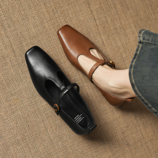 女粗跟丁字扣带浅口百搭单鞋 头层牛皮2cm低跟 复古风方头玛丽珍鞋