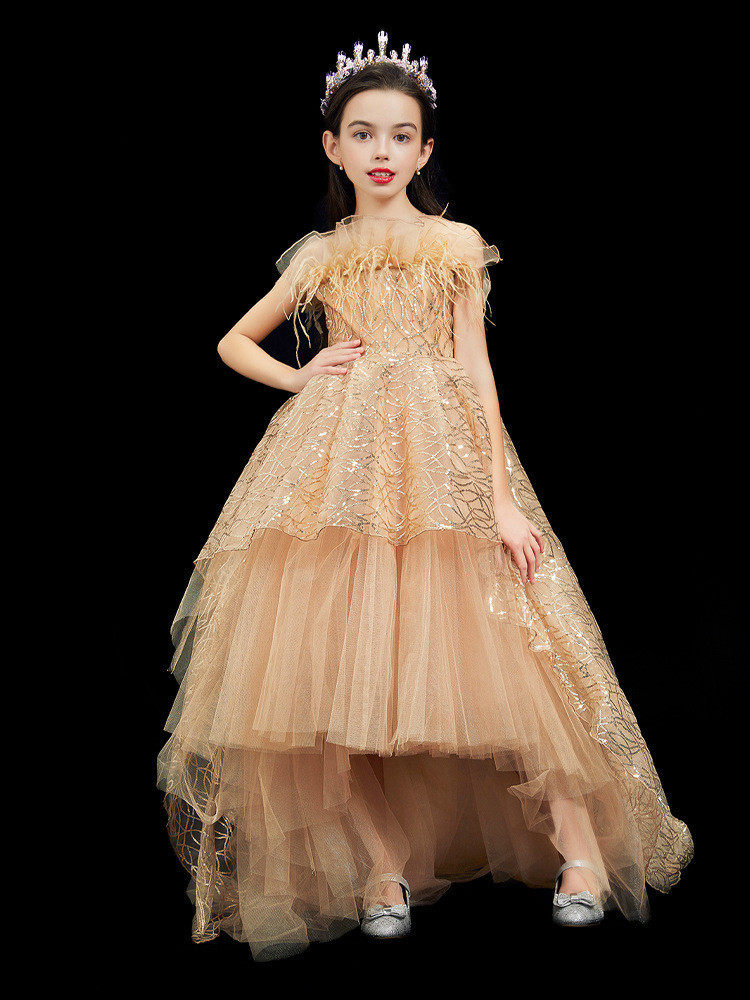 女童金色晚礼服高定钢琴考级洋气公主裙气质拖尾儿童走秀礼服裙