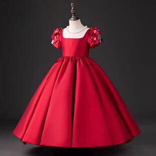儿童表演礼服红色女童洋气公主裙花童小伴娘模特走秀生日主持钢琴