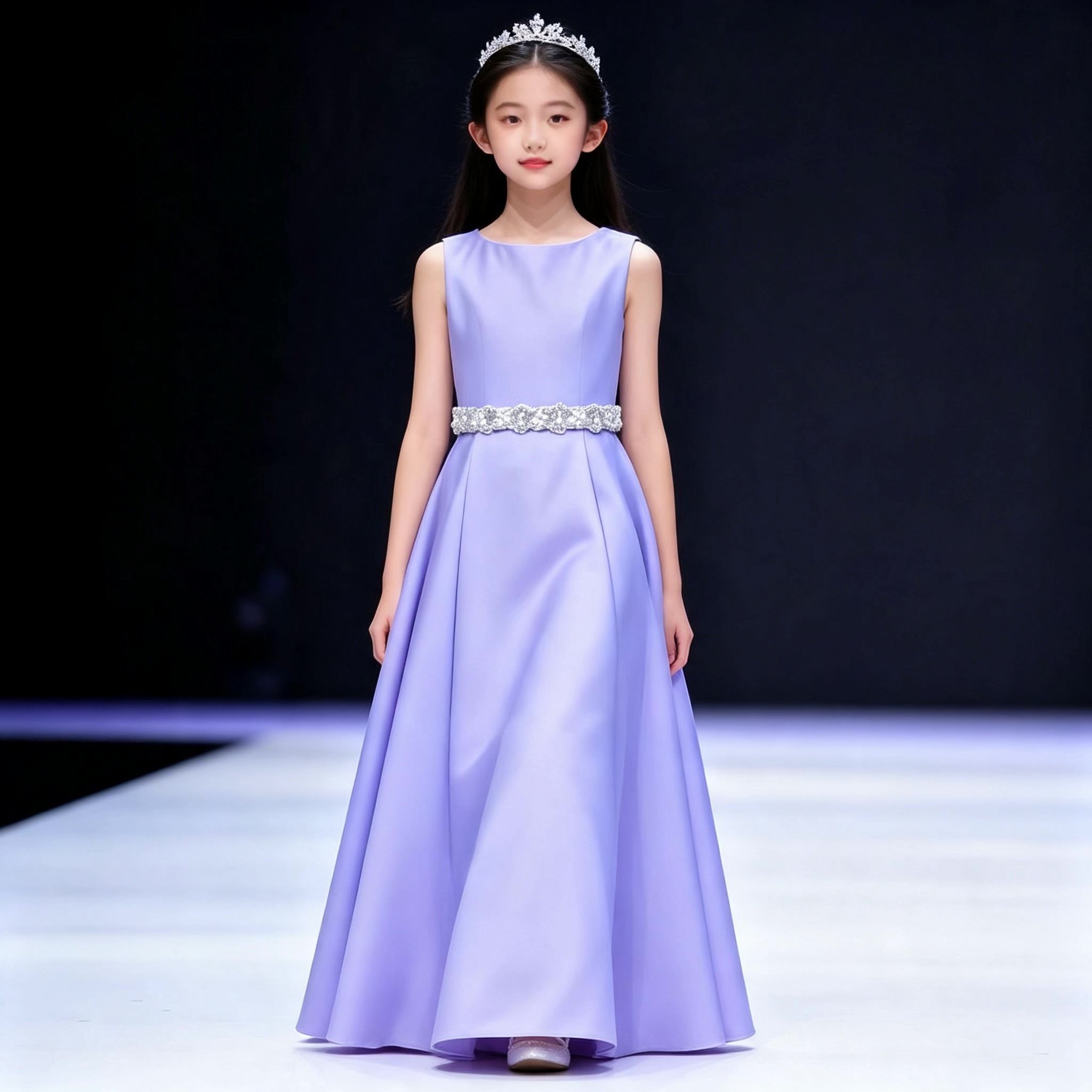 女童紫色缎面长款公主礼服表演