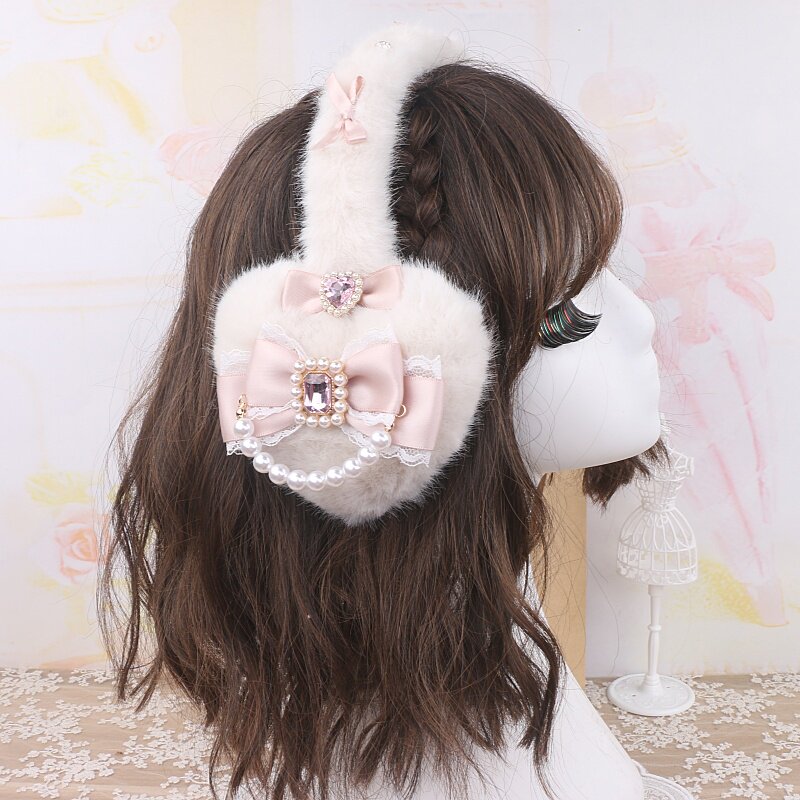 BEADS HANDMADE JAPANESE SWEET MINE HAIRY BIG LOVE BOW WARM EAR PROTECTOR EARMUFFS EAR COVER EARMUFFS