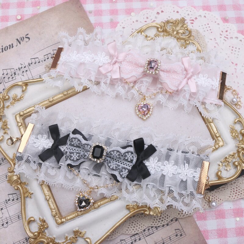 BEADS HANDMADE SWEET CUTE LACE RIBBON CHAIN RHINESTONE LOVE PENDANT SOFT GIRL BRACELET SLEEVE WOMAN