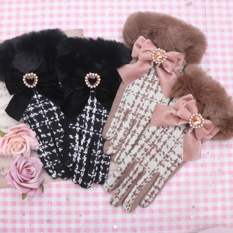 BEADS HAND-MADE SWEET LADY LITTLE FRAGRANCE TEMPERAMENT VELVET BOW DECORATION TERRY GIRLS FINGER GLOVES WINTER