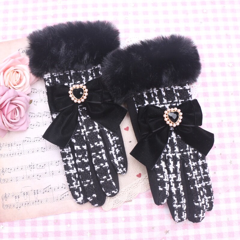 BEADS HAND-MADE SWEET LADY LITTLE FRAGRANCE TEMPERAMENT VELVET BOW DECORATION TERRY GIRLS FINGER GLOVES WINTER