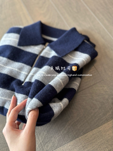 BREAD进口羊绒 上衣 25K秋冬字母刺绣百搭条纹翻领拉链宽松针织衫