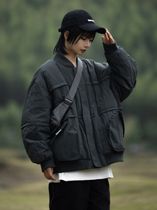 冬日系工装复古加厚保暖立领羽绒服男中性BF绗线拼接外套宽松休闲