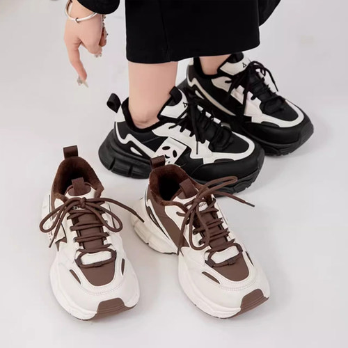 森马撤柜 可爱熊猫图案双色拼接注塑硬底老爹鞋增高运动休闲女鞋