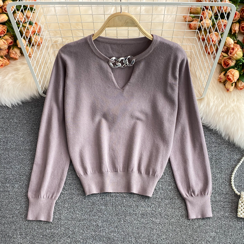2021 autumn and winter Korean version new design sense chain slim knit sweater foreign style short long sleeve top