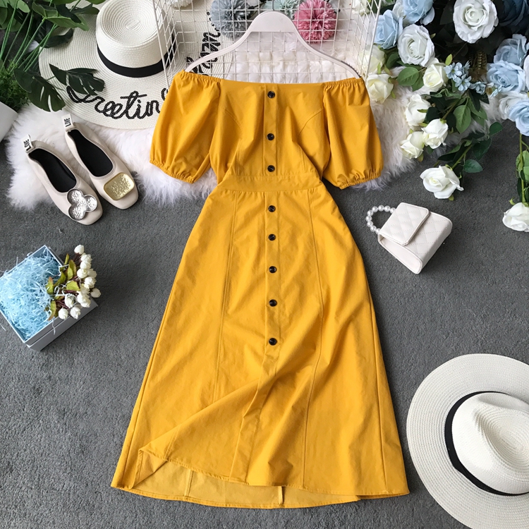 2019 Summer Korea chic Retro Single breasted square neck Dress Overknee Mid length version Waist skirtin the Women's clothing/Boutique , Dress  category - from Buy2taobao.com to provide professional Taobao agent buy service