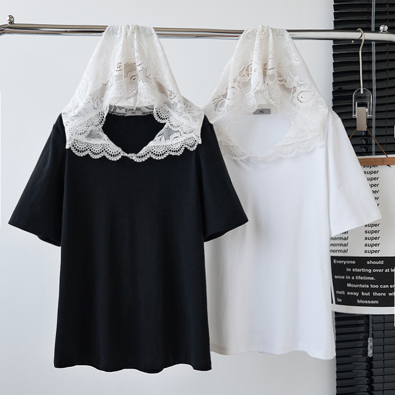胸围140-170夏季新款胖MM大码女装蕾丝显瘦休闲T恤短袖上衣300斤