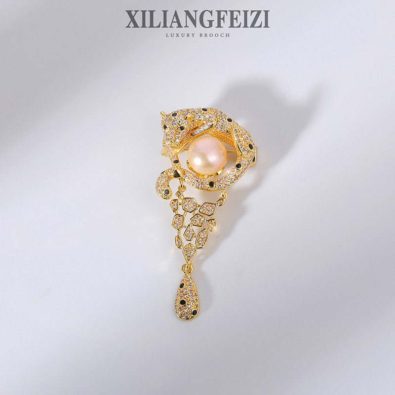 千族银正版 高级配饰豹子胸针天然淡水珍珠男士胸花个性女别针