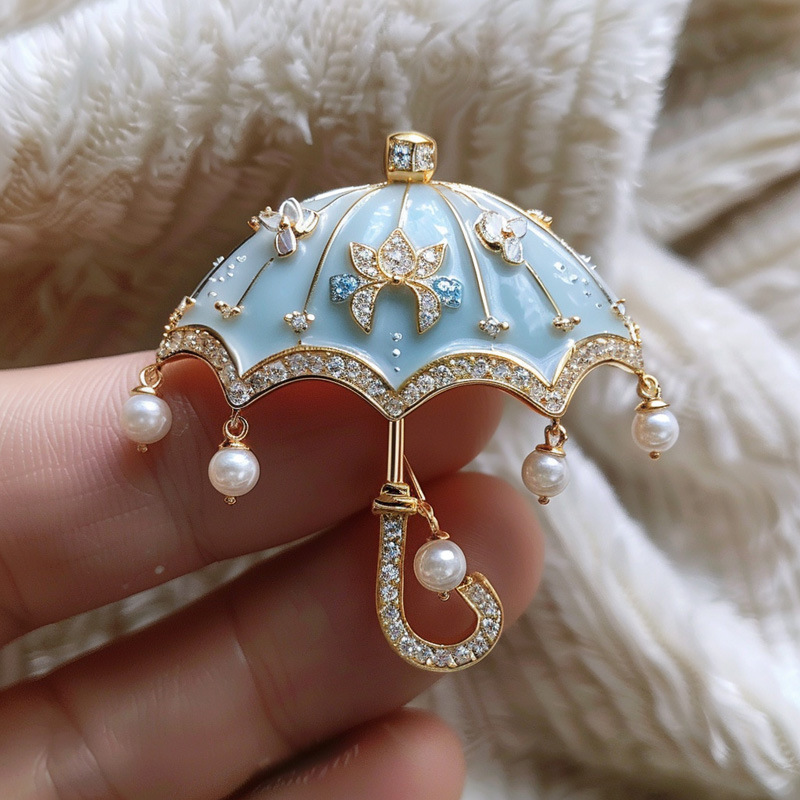 千族银 2025新款热卖精致珐琅彩珍珠雨伞胸针 原创定制饰品