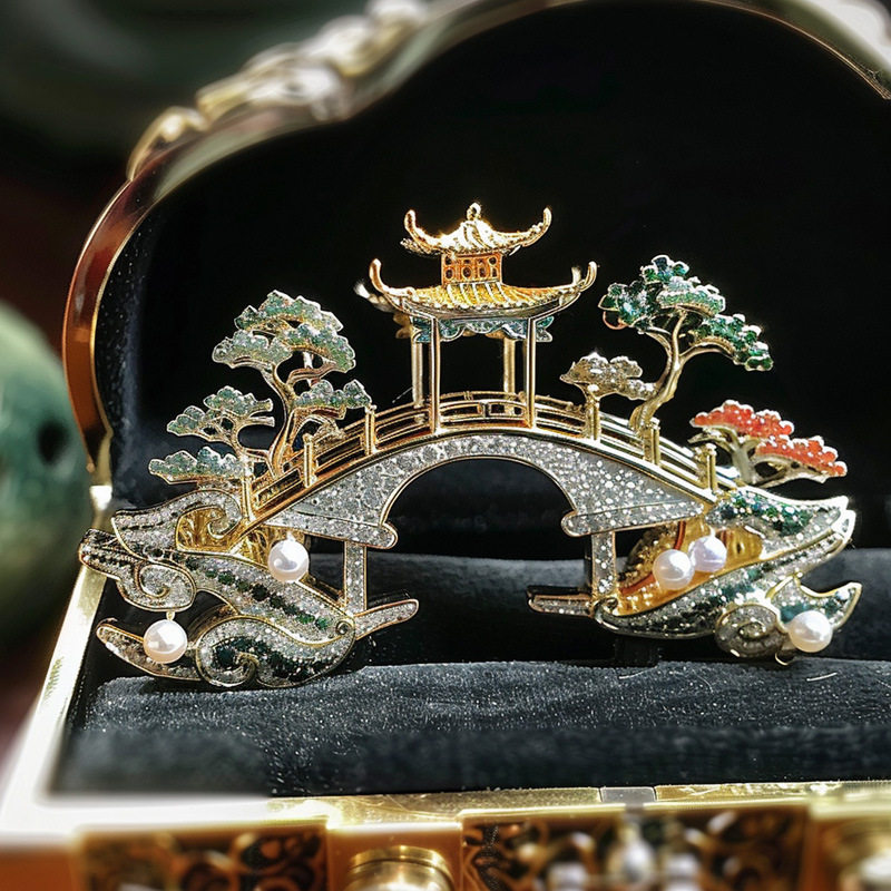 千族银 原创珍珠珐琅凉亭小桥金属首饰古董工艺品家居摆件