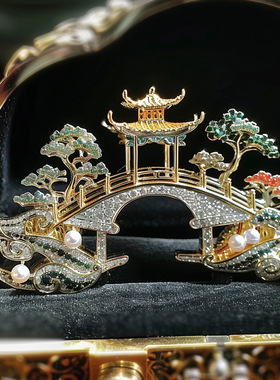 千族银 原创珍珠珐琅凉亭小桥金属首饰古董工艺品家居摆件