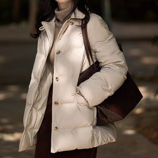 泡芙鹅绒服95白鹅绒收腰羽绒服翻领短款外套女装新款冬季小个子