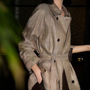 外套2026春季 金丝色织亚麻腰带风衣女双排扣短款 新款 琥珀星河